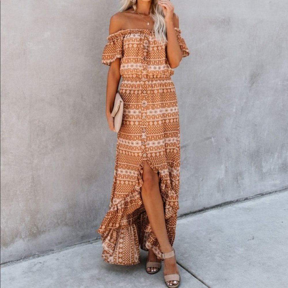 Vici High Low Dress in Brown and Cream